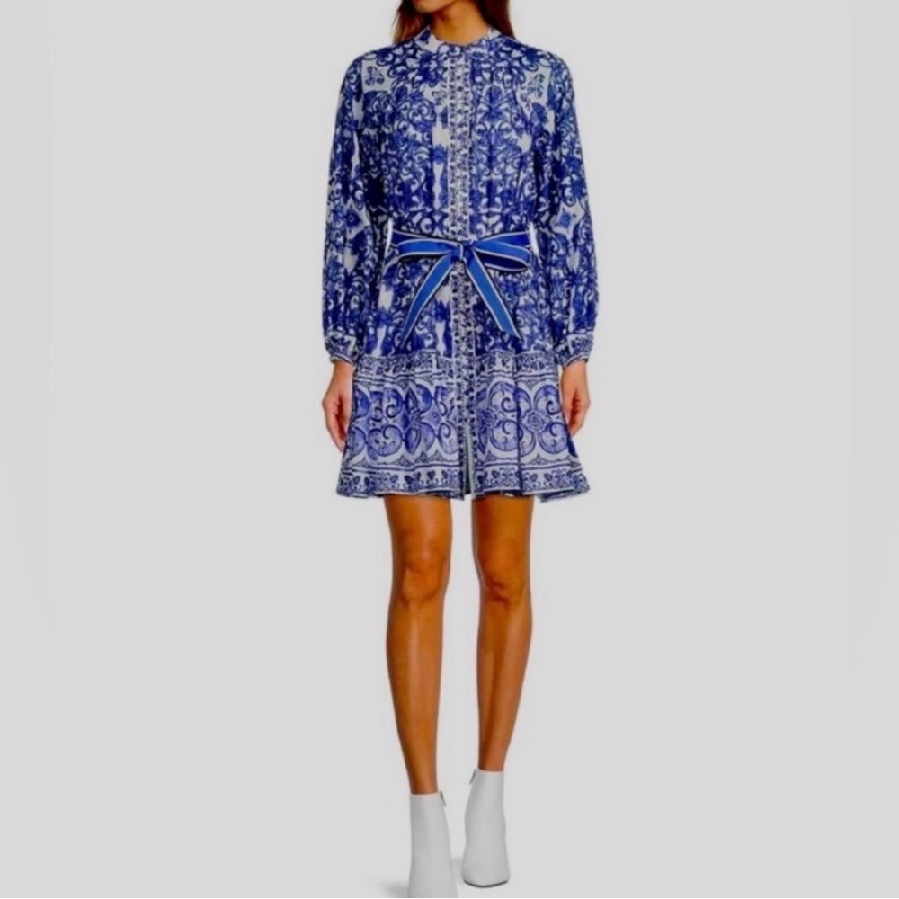 Antonio Melani Blue White Printed Long Sleeve Dress Size 8 Belted NWT Style